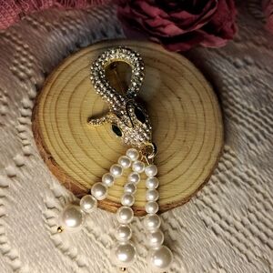 Sparkly Crystal Snake & Faux Pearl Tassel Goldtone Brooch